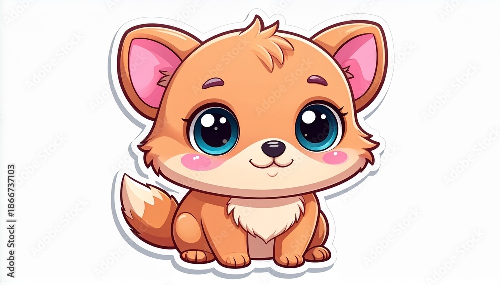 Fototapeta premium A cute, cartoonish illustration of a small, fluffy fox with big, sparkling blue eyes and rosy cheeks.