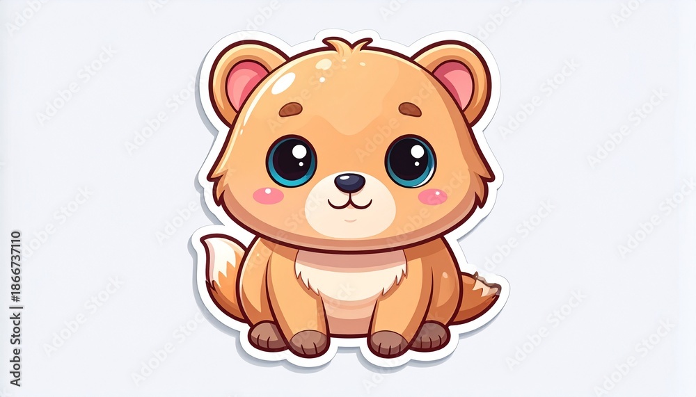 Obraz premium A cute, fluffy cartoon bear cub with big, sparkling blue eyes and a sweet smile, sitting attentively.