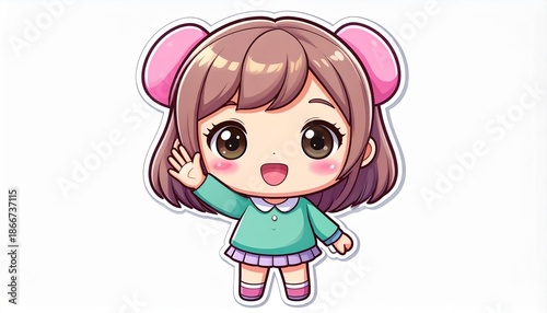 A cute chibi anime girl with big brown eyes and pink ear-shaped hair accessories waves hello.