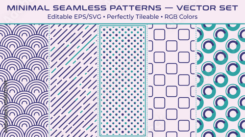 A collection of five minimal seamless vector patterns featuring geometric shapes like arcs, dashed lines, dots, squares, and concentric circles in various colors.