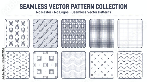 A collection of ten seamless vector patterns featuring various geometric and abstract designs in a monochrome palette, suitable for graphic design resources.