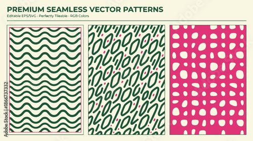 Three premium seamless vector patterns featuring wavy lines, abstract shapes, and irregular dots in green, pink, and white colors.