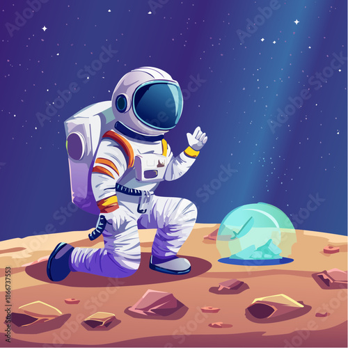 Astronaut kneeling on Mars, a captivating space exploration scene perfect for science education, futuristic themes, and inspiring dreams of interstellar travel