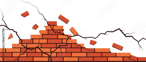 Cracked Brick Wall Illustration Symbolizing Destruction, Damage, and Structural Issues