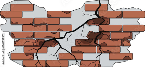 Cracked Brick Wall Illustration Showing Damage and Repair, Texture and Construction Concept