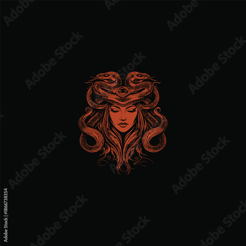 Vintage hand-drawn engraving of the mythological Medusa, featuring a beautiful woman with a head of writhing, detailed snakes.