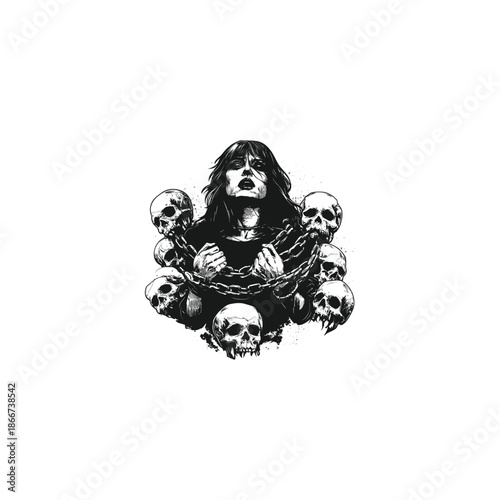 Vintage hand-drawn engraving of a gothic woman with intense eyes, surrounded by multiple skulls and chained together in a dark, symmetrical composition.