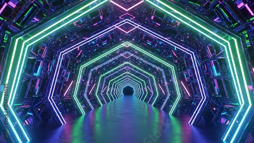 A futuristic neon-lit corridor with geometric patterns and vibrant colors stretching into the distance