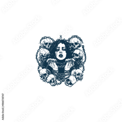 Vintage hand-drawn engraving of a gothic woman with intense eyes, surrounded by multiple skulls and chained together in a dark, symmetrical composition.