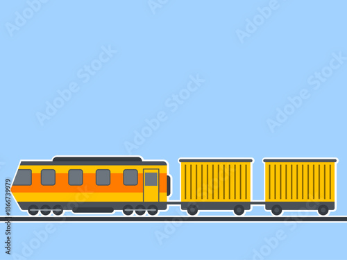 Freight train consisting of a locomotive and two cargo container wagons. Modern transportations illustration. Flat vector concept.