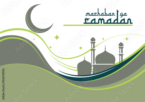 marhaban ya ramadan greeting card with fluid wave frame border. Vector illustration