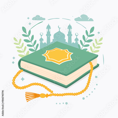 Ramadan Kareem Holy Quran and Prayer Beads Illustration