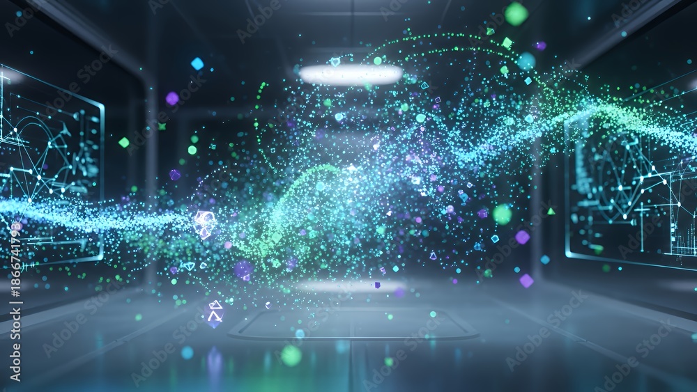 Obraz premium Data Visualization of Floating Particles in a Futuristic Laboratory Environment from a Central Perspective