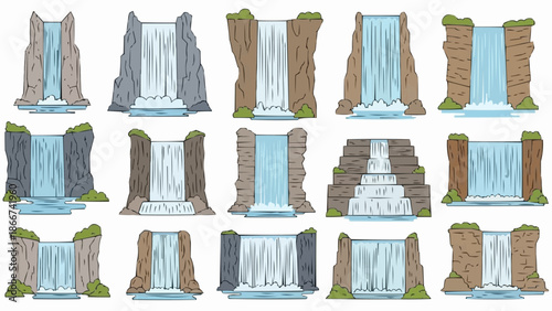 Collection of Diverse Waterfall Illustrations in Various Styles.