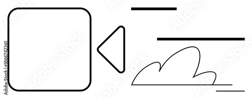 Technology, connectivity, media sharing, cloud storage, digital communication, streaming service. Abstract outline of a video camera and cloud with lines. Technology and connectivity concept