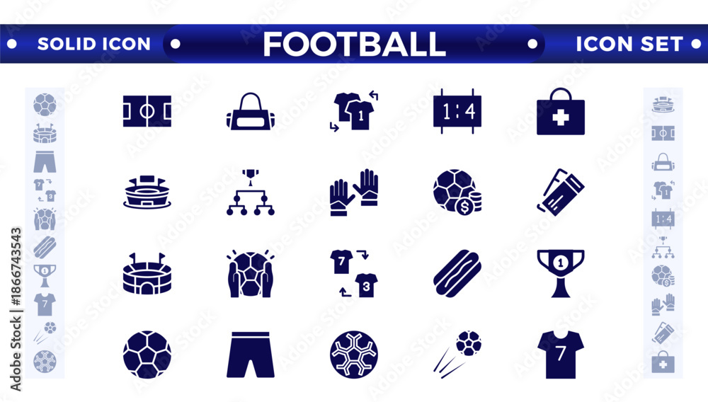 Obraz premium Football solid icon set. Soccer. Kicking a ball, team, rule, goal, players, medal, football, basketball, cycling, athlete, racket, table tennis, sparing, gym, weight training, golf, volleyball. 
