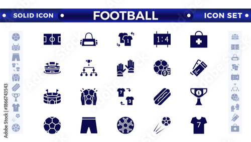 Football solid icon set. Soccer. Kicking a ball, team, rule, goal, players, medal, football, basketball, cycling, athlete, racket, table tennis, sparing, gym, weight training, golf, volleyball.
