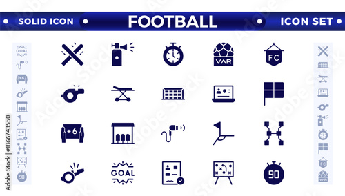 Football solid icon set. Soccer. Kicking a ball, team, rule, goal, players, medal, football, basketball, cycling, athlete, racket, table tennis, sparing, gym, weight training, golf, volleyball.
