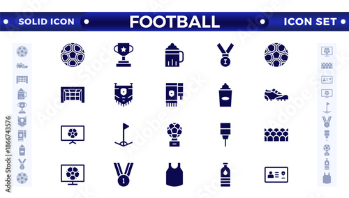 Football solid icon set. Soccer. Kicking a ball, team, rule, goal, players, medal, football, basketball, cycling, athlete, racket, table tennis, sparing, gym, weight training, golf, volleyball.
