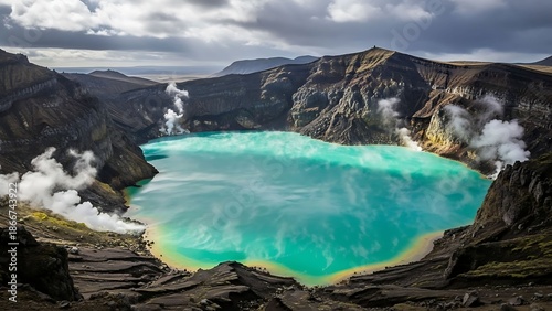 Vibrant turquoise crater lake in Iceland with steam rising from volcanic mountains.