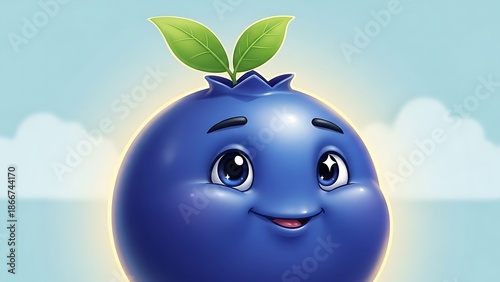 Smiling cartoon blueberry with green leaves.