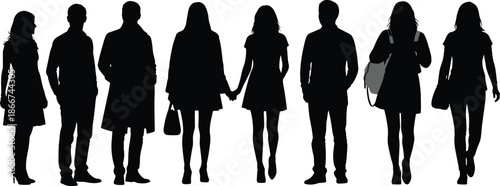 Silhouette people, diverse posture, fashion outline, standing figures, black vector, flat design, casual style, gesture mix, character variety, modern look