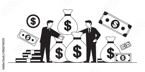 Business people standing near large money bags and scattered cash icons