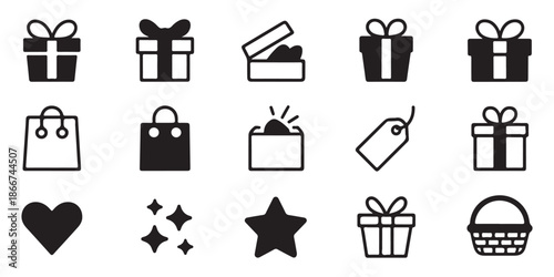 Assorted gift boxes and shopping basket icons for holiday sales and retail website designs