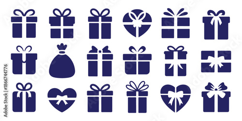 Assortment of gift boxes and heart shaped presents with ribbons for celebration