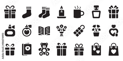 Gift and holiday icons including socks candle mug perfume book and teddy bear