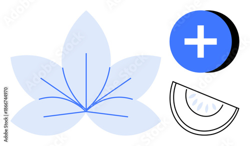 Wellness concept. Wellness is by a lotus leaf, medical plus sign, and fruit slice, emphasizing health and balance. Wellness for natural remedies, healthcare, mindfulness, nutrition lifestyle