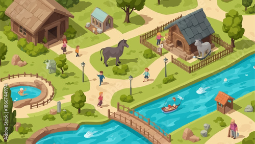 Isometric farm scene with animals and people enjoying outdoor activities.