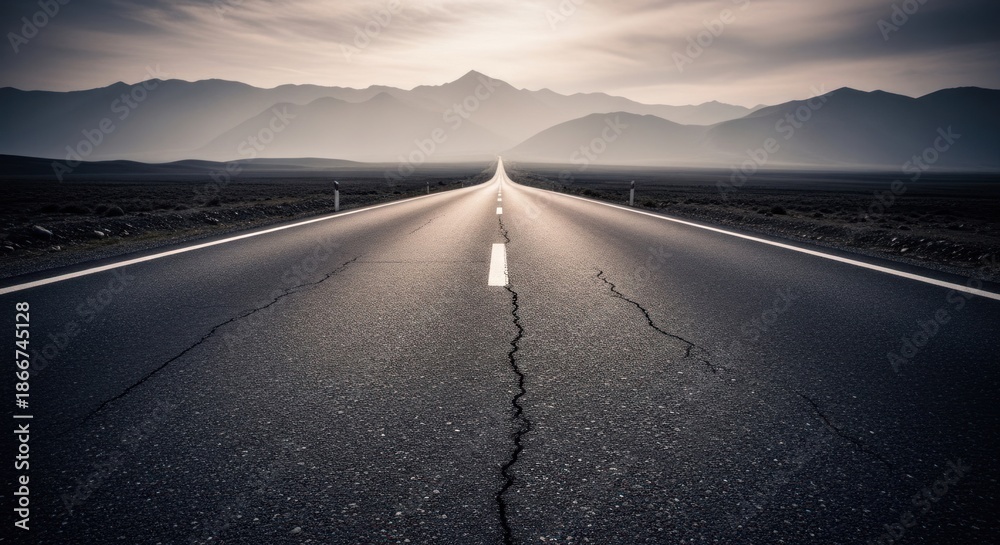 Fototapeta premium Open desert highway stretching distance towards layered mountains under bright, atmospheric sky, for journey, freedom, future progress
