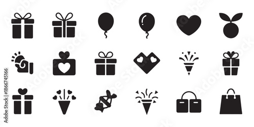 Collection of gift boxes balloons hearts and celebration icons for holiday occasion