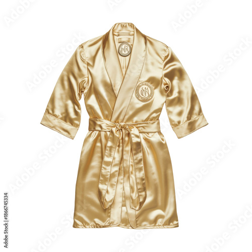 Golden satin robe luxurious silky fashion with belt isolated on white background