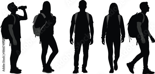 Silhouette students with backpacks walking, standing, and drinking, isolated black figures representing travel, study, adventure, youth lifestyle movement and activity