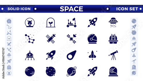 space and planet Vector solid Icons, thin line style. Contains such Icons as space, planet, alien, solar, astronaut, technology, space travel, stars, exploration galaxy, and universe.