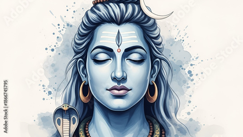 Shiva meditation portrait with closed eyes showing hindu spirituality calm devotion sacred energy divine faith artwork for maha shivaratri and commercial design