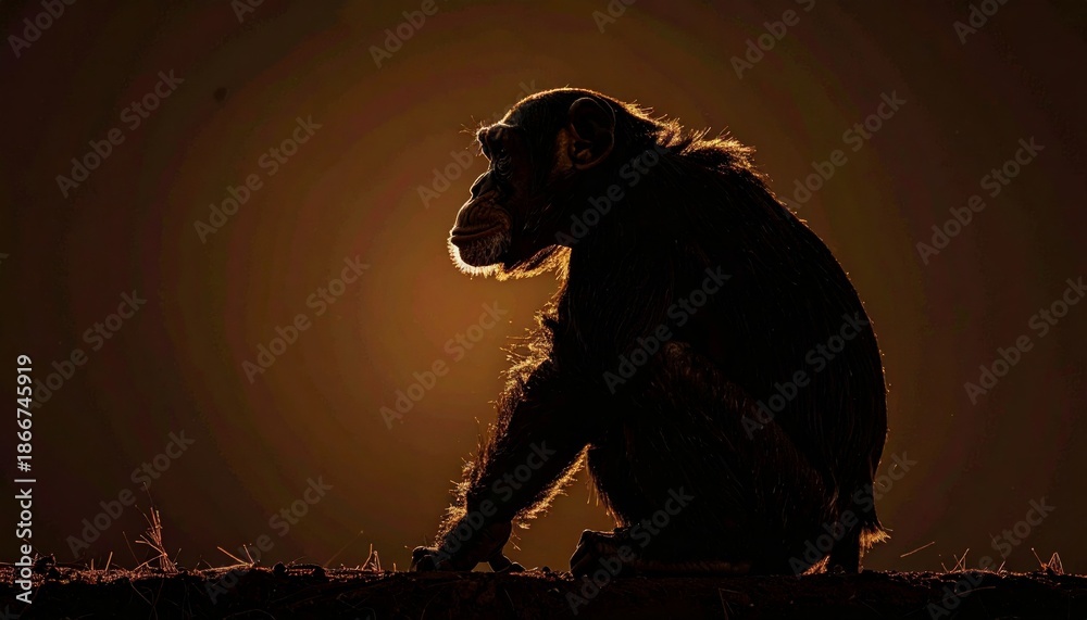 Obraz premium Silhouette of a monkey sitting on the ground at night.