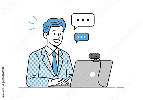 Man engaged in virtual meeting - Lifestyle Illustration, Flat Line Art, Flat Style Illustration, Flat Line Illustration, Cartoon Line Illustration, Modern Outline Flat Illustration
