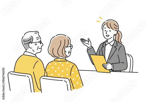 Financial advisor consulting with couple - Lifestyle Illustration, Flat Line Art, Flat Style Illustration, Flat Line Illustration, Cartoon Line Illustration, Modern Outline Flat Illustration