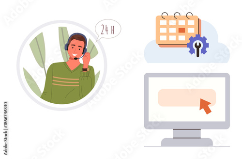 Customer service, remote assistance, scheduling tools, work management, tech support, online services. Man with headset in speech bubble, calendar gear and computer. Customer service and remote