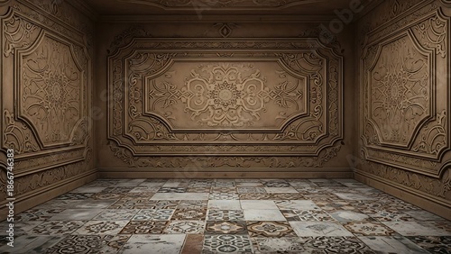 Wallpaper Mural Empty square room with Aged and Distressed Brown Texture with Ornate Details . canvas texture background with islamic pattern .the patterns on vintage floor. Old gray brown rusty vintage worn shabby  Torontodigital.ca