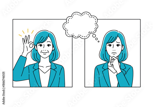 Woman in thoughtful and listening modes - Lifestyle Illustration, Flat Line Art, Flat Style Illustration, Flat Line Illustration, Cartoon Line Illustration, Modern Outline Flat Illustration