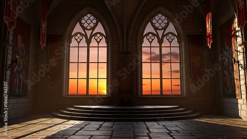 Wallpaper Mural Empty square room with Grand medieval castle throne room with sunset sky seen through large gotrhic arched windows Torontodigital.ca