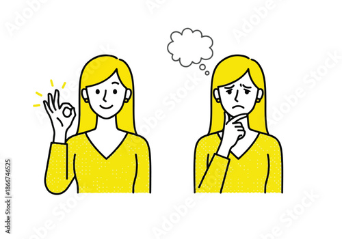 Two women expressing different emotions - Lifestyle Illustration, Flat Line Art, Flat Style Illustration, Flat Line Illustration, Cartoon Line Illustration, Modern Outline Flat Illustration