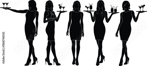 Silhouette waitresses carrying drink trays in elegant poses, female server figures holding cocktails and beverages, hospitality service illustration collection for design