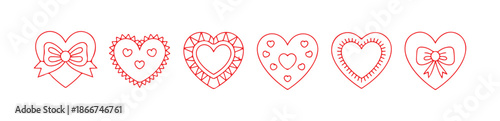 Set of red heart icons with various decorative elements outlines for valentines day greeting cards