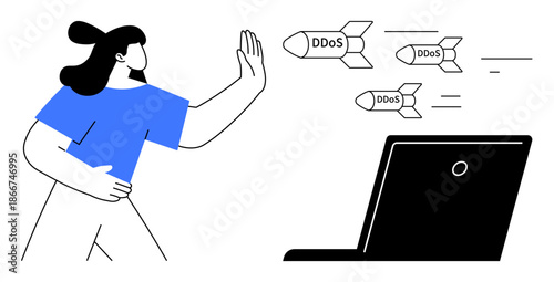 Cybersecurity, digital defense, DDoS protection, network security, online threats, information safety. Person stopping missile marked DDoS aimed at laptop. Cybersecurity and digital defense concept
