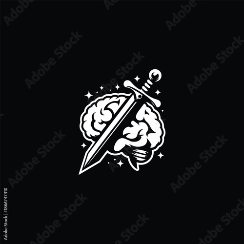 Illustration of the logo in the form of a sword stuck in the brain.
